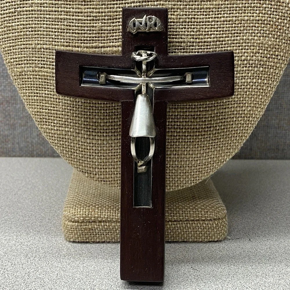 Vtg Taxco Mexico Hecho En Sterling Silver 925 Wood Cross Crucifix INRI Old Money